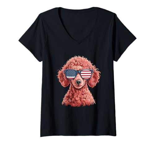 Damen Patriotischer Pudel-Hundeliebhaber, Unabhängigkeitstag, 4. Juli T-Shirt mit V-Ausschnitt Damen Patriotischer Pudel-Hundeliebhaber, Unabhängigkeitstag, 4. Juli T-Shirt mit V-Ausschnitt von 4th of July Patriotic Dad Humor