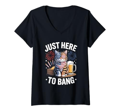 Damen Just Here to Back Cat Fireworks Independence Day 4. Juli T-Shirt mit V-Ausschnitt Damen Just Here to Back Cat Fireworks Independence Day 4. Juli T-Shirt mit V-Ausschnitt von 4th of July Patriotic Party Style