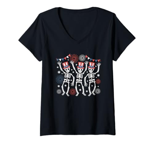 Damen Patriotische tanzende Skelette Unabhängigkeitstag 4. Juli T-Shirt mit V-Ausschnitt Damen Patriotische tanzende Skelette Unabhängigkeitstag 4. Juli T-Shirt mit V-Ausschnitt von 4th of July Patriotic Party Style