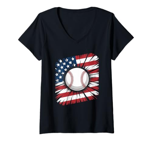 Damen Patriotischer Baseball-Unabhängigkeitstag, 4. Juli T-Shirt mit V-Ausschnitt Damen Patriotischer Baseball-Unabhängigkeitstag, 4. Juli T-Shirt mit V-Ausschnitt von 4th of July Patriotic Party Style