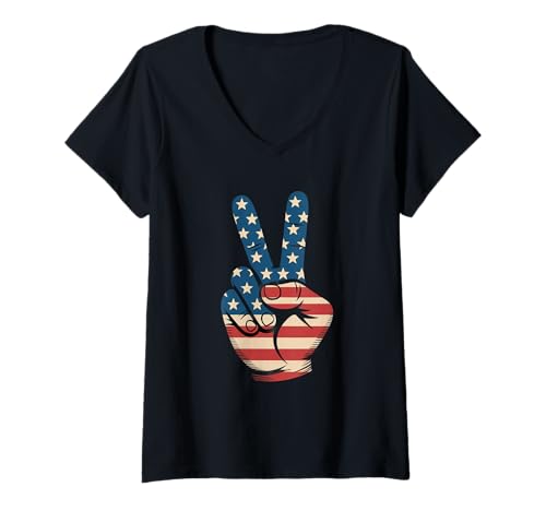 Damen USA-Flagge Friedenszeichen Unabhängigkeitstag 4. Juli T-Shirt mit V-Ausschnitt Damen USA-Flagge Friedenszeichen Unabhängigkeitstag 4. Juli T-Shirt mit V-Ausschnitt von 4th of July Patriotic Party Style