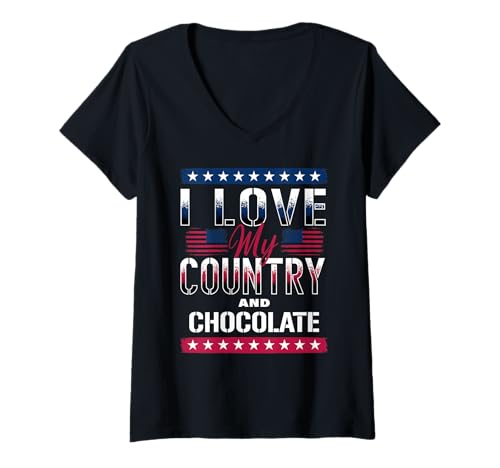 Damen I Love My Country & Chocolate, patriotisches Schokoladenliebhaber-Meme T-Shirt mit V-Ausschnitt Damen I Love My Country & Chocolate, patriotisches Schokoladenliebhaber-Meme T-Shirt mit V-Ausschnitt von 4th of July Patriotic Pride by NLTS