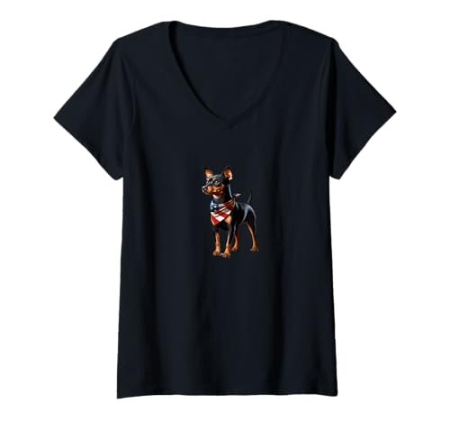 Damen Miniatur Pinscher Min Pin - Lustiger 4. Juli Amerika T-Shirt mit V-Ausschnitt von 4th of July Patriotic USA for Men Women Kids by RJ