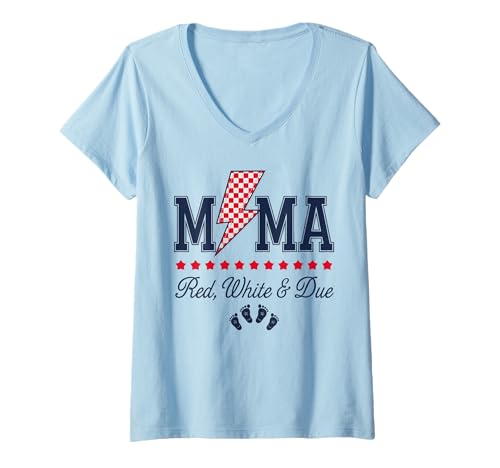 Damen Mama Red White and Due 4. Juli Schwangerschaftsankündigung T-Shirt mit V-Ausschnitt Damen Mama Red White and Due 4. Juli Schwangerschaftsankündigung T-Shirt mit V-Ausschnitt von 4th of July Pregnancy Announcement Apparels.