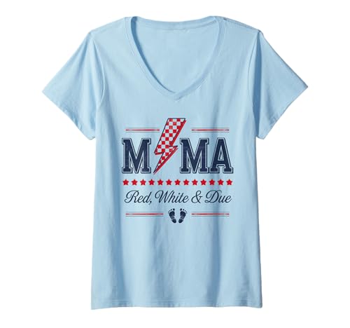 Damen Mama Red White and Due 4. Juli Schwangerschaftsankündigung T-Shirt mit V-Ausschnitt Damen Mama Red White and Due 4. Juli Schwangerschaftsankündigung T-Shirt mit V-Ausschnitt von 4th of July Pregnancy Announcement Apparels.
