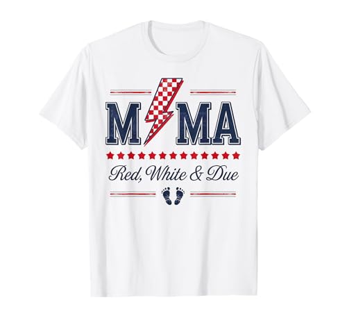 Mama Red White and Due 4. Juli Schwangerschaftsankündigung T-Shirt Mama Red White and Due 4. Juli Schwangerschaftsankündigung T-Shirt von 4th of July Pregnancy Announcement Apparels.