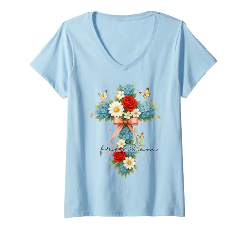 Damen 4. Juli Patriotisches christliches Kreuz Floral Freedom Women T-Shirt mit V-Ausschnitt Damen 4. Juli Patriotisches christliches Kreuz Floral Freedom Women T-Shirt mit V-Ausschnitt von 4th of July Tees NYC