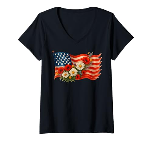 Damen 4. Juli Semiquincentennial Floral American Flag Poppy T-Shirt mit V-Ausschnitt Damen 4. Juli Semiquincentennial Floral American Flag Poppy T-Shirt mit V-Ausschnitt von 4th of July Tees NYC