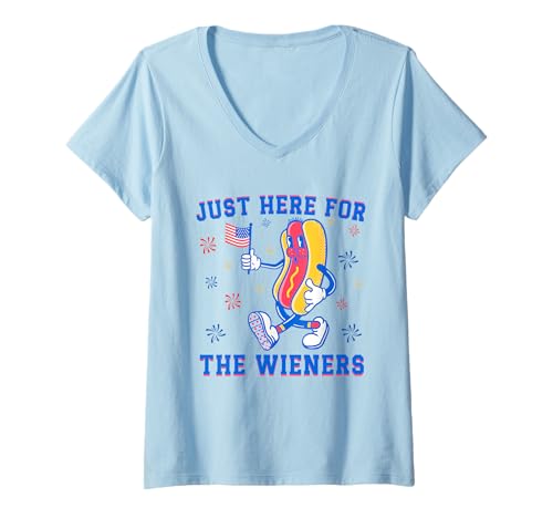 Damen I'm Just Here For The Wieners 4. Juli Lustiger Hot Dog T-Shirt mit V-Ausschnitt von 4th of July