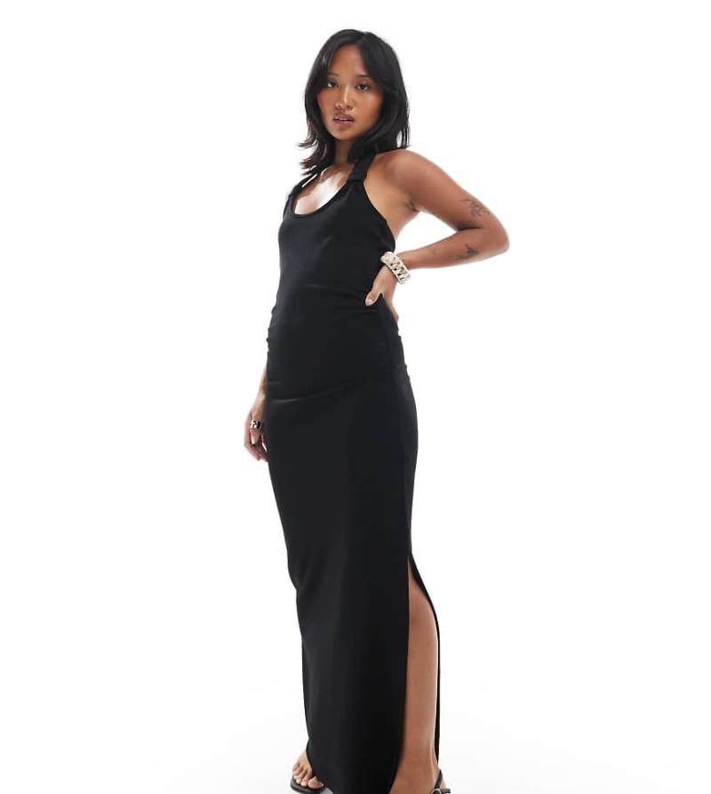 4th & Reckless Petite - Exklusiv - Neckholder-Maxikleid in Schwarz mit Knotendetail von 4th & Reckless Petite