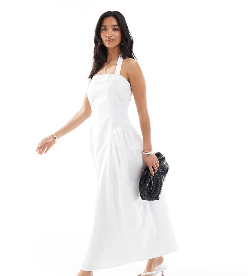 4th & Reckless Petite - Popeline-Maxikleid in Weiß mit eckigem Ausschnitt, Neckholder, tiefer Taille und Ballonsaum von 4th & Reckless Petite