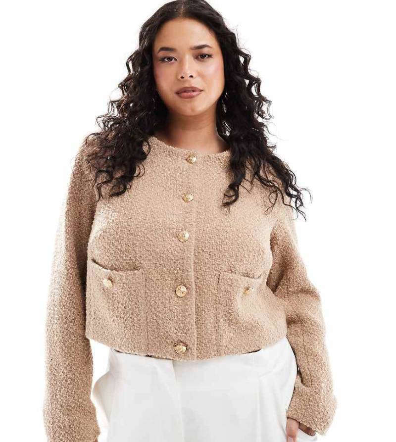4th & Reckless Plus - Exklusive Bouclé-Jacke in Kamelbraun mit goldener Knopfleiste-Neutral von 4th & Reckless Plus