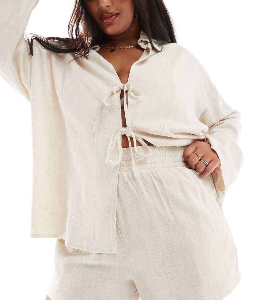 4th & Reckless Plus - Exklusive Leinen-Shorts in Beige mit gesmoktem Saum-Neutral 4th & Reckless Plus - Exklusive Leinen-Shorts in Beige mit gesmoktem Saum-Neutral von 4th & Reckless Plus