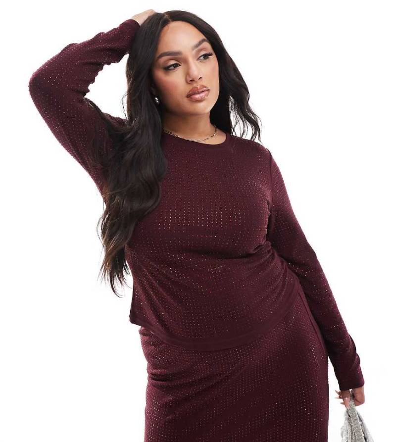 4th & Reckless Plus - Langärmliges Oberteil in Burgunderrot mit ganzflächigem Strassbesatz, Kombiteil von 4th & Reckless Plus