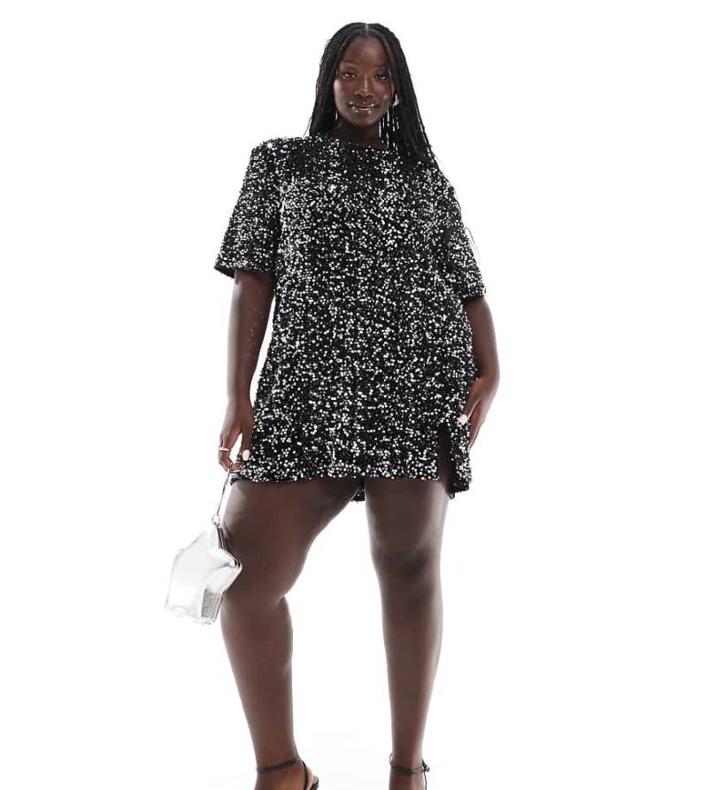 4th & Reckless Plus - Mini-T-Shirt-Kleid aus Samt in Schwarz mit Paillettenbesatz und Rückenausschnitt von 4th & Reckless Plus