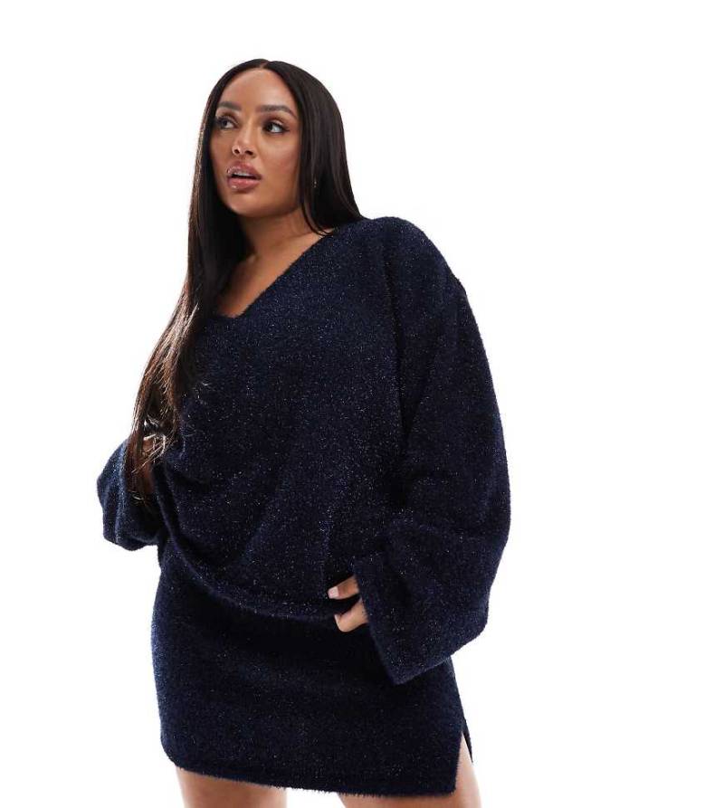 4th & Reckless Plus - Minirock aus Metallic-Strick in Navy mit Lametta-Optik und Schlitz, Kombiteil-Marineblau von 4th & Reckless Plus