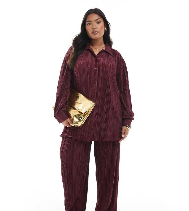 4th & Reckless Plus - Plissee-Hose in Burgunderrot mit weitem Bein, Kombiteil von 4th & Reckless Plus