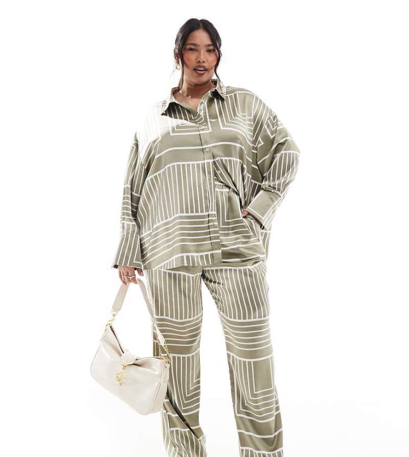 4th & Reckless Plus - Satinhose in Salbeigrün mit weitem Bein und Kachelmuster, Kombiteil-Bunt von 4th & Reckless Plus