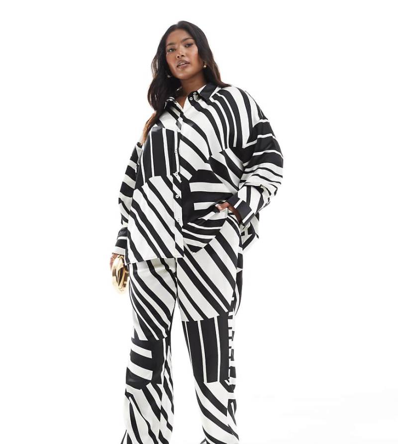 4th & Reckless Plus - Weit geschnittene, gemusterte Satinhose in Schwarz und Weiß, Kombiteil von 4th & Reckless Plus