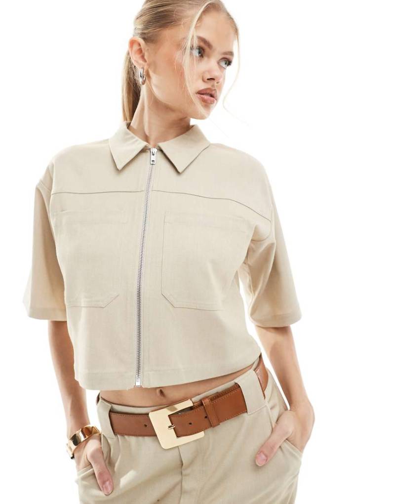 4th & Reckless - Elegantes, kastiges Cropped-Hemd in Beige mit Reißverschluss, Kombiteil-Neutral von 4th & Reckless