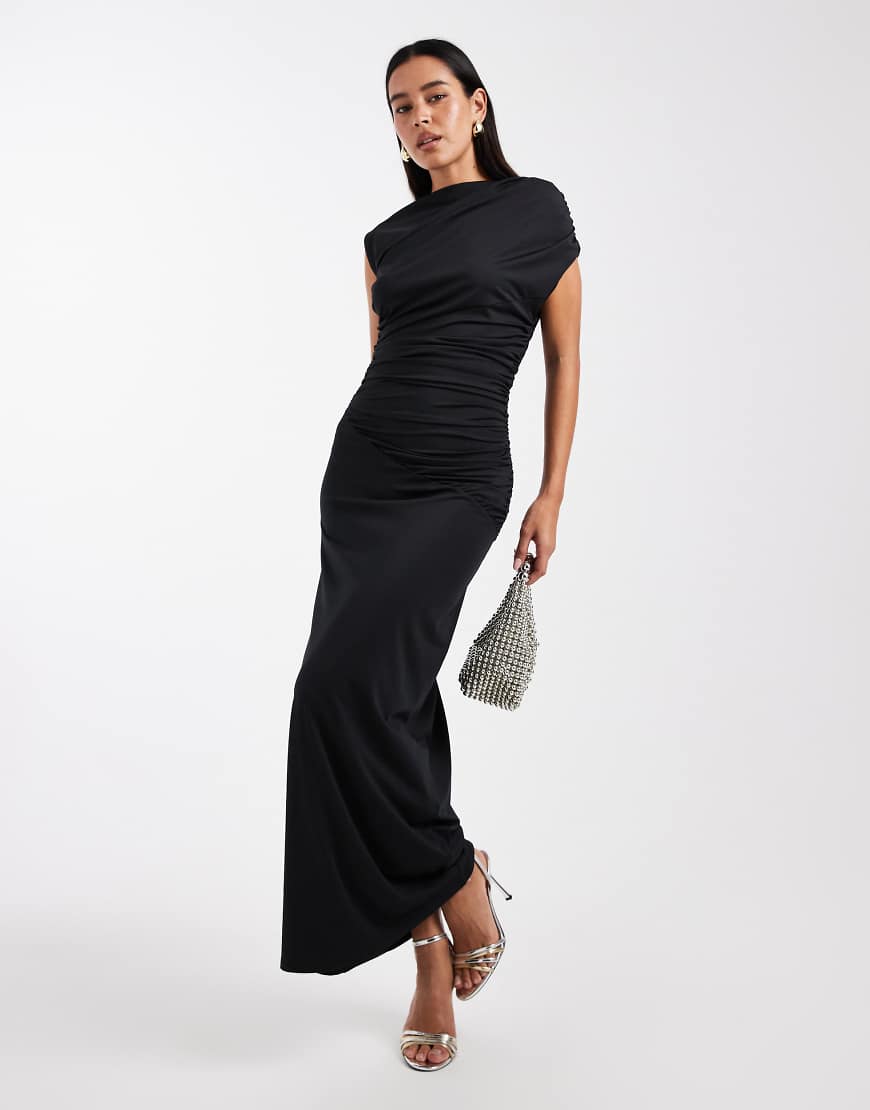 4th & Reckless - Hochgeschlossenes, ärmelloses Maxikleid aus anschmiegsamem, doppellagigem Material in Schwarz mit drapierter Taille von 4th & Reckless