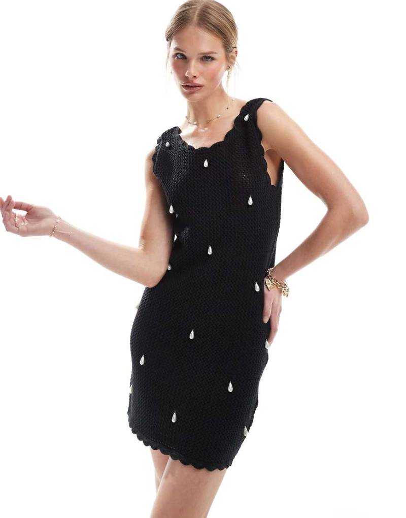 4th & Reckless - Gehäkeltes Mini-Strandkleid in Schwarz mit Perlenverzierung und Bogenkante von 4th & Reckless