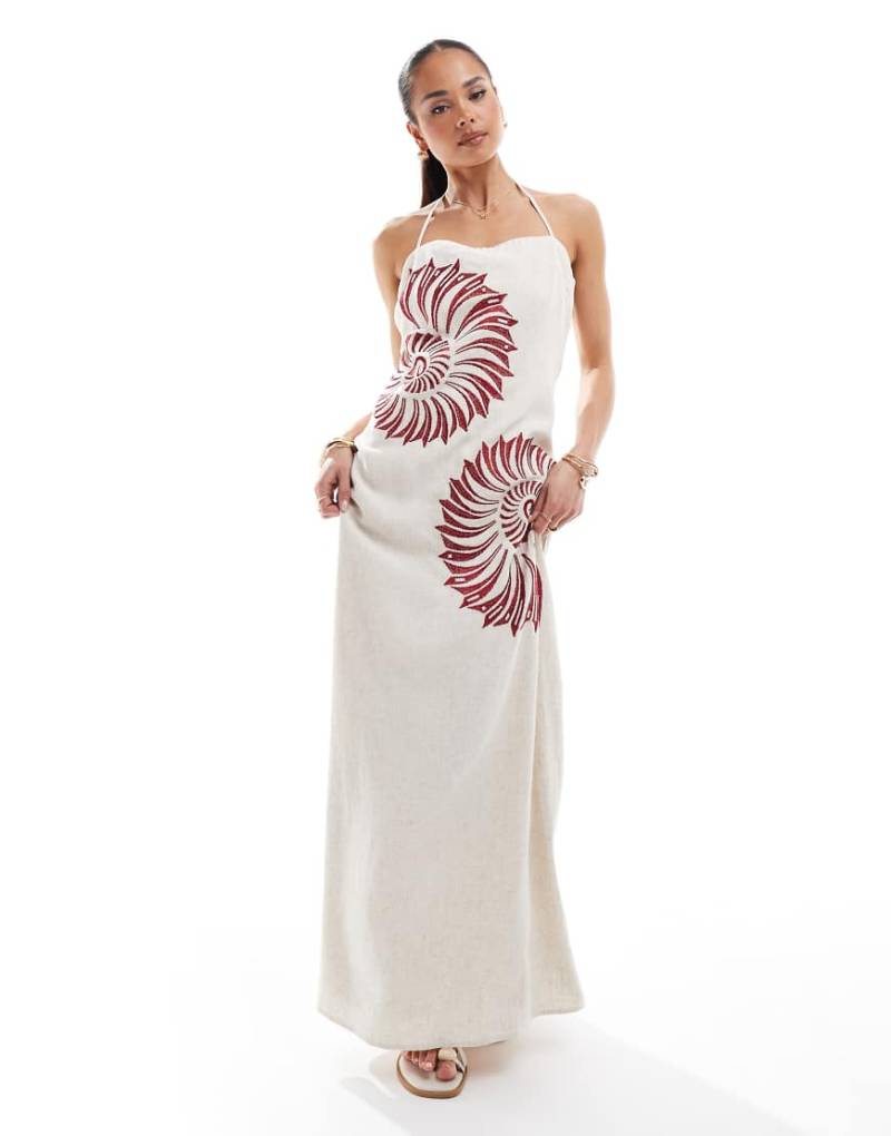 4th & Reckless - Neckholder-Maxikleid aus Leinenmix in Beige mit Muschelstickerei-Neutral von 4th & Reckless