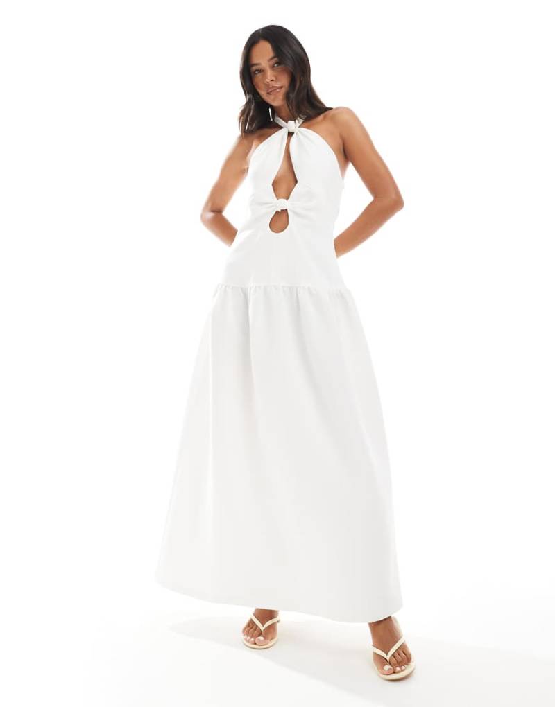 4th & Reckless - Neckholder-Maxikleid in Weiß mit tief angesetzter Taille, Zierausschnitt und Knotendetails von 4th & Reckless