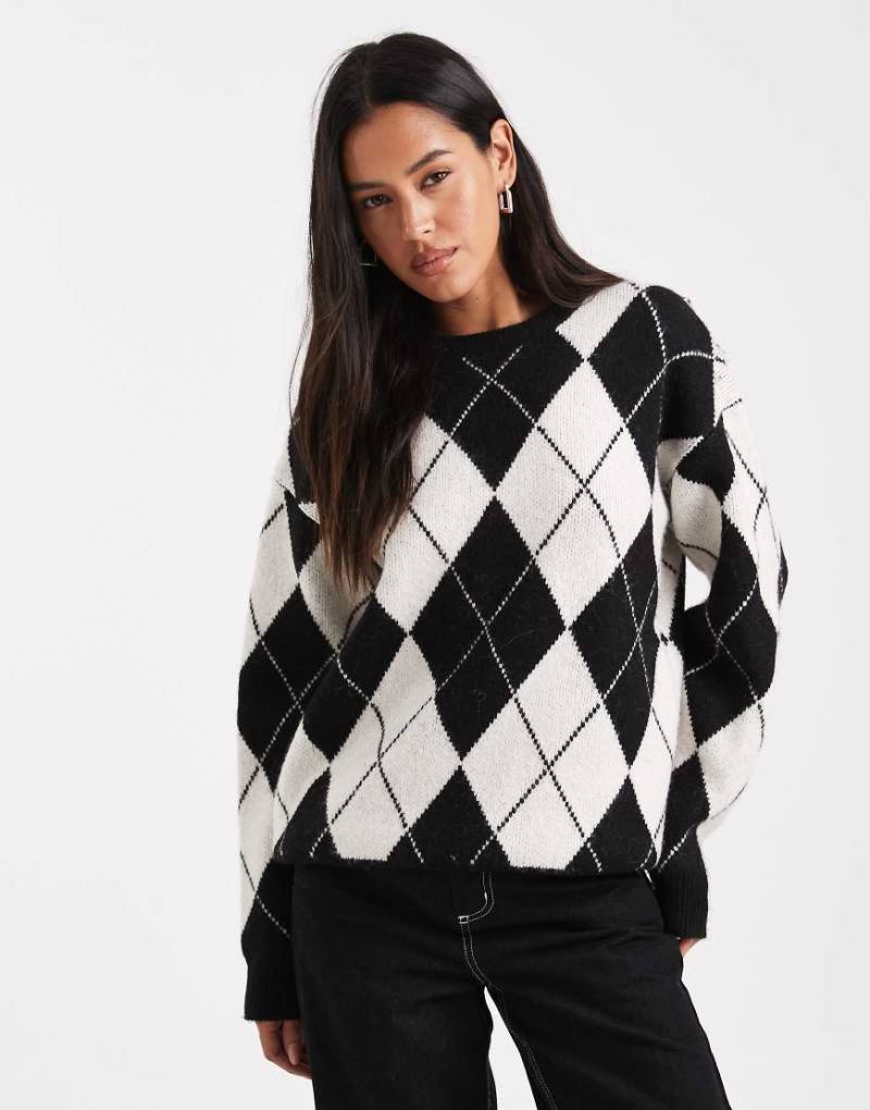 4th & Reckless - Oversize-Pullover mit Wollanteil in Schwarz-Weiß mit Argyle-Muster und Rundhalsausschnitt-Bunt 4th & Reckless - Oversize-Pullover mit Wollanteil in Schwarz-Weiß mit Argyle-Muster und Rundhalsausschnitt-Bunt von 4th & Reckless