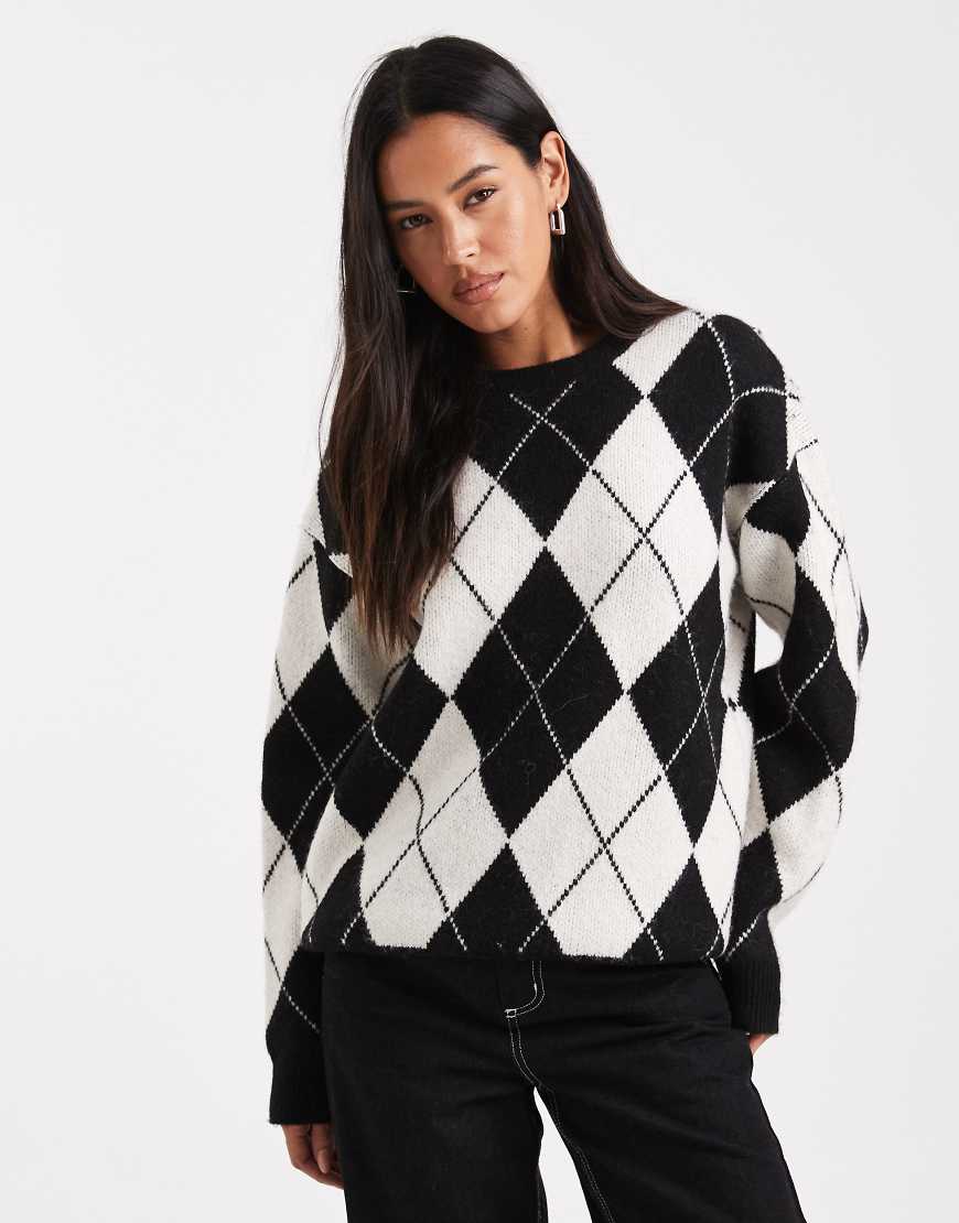 4th & Reckless - Oversize-Pullover mit Wollanteil in Schwarz-Weiß mit Argyle-Muster und Rundhalsausschnitt-Bunt von 4th & Reckless