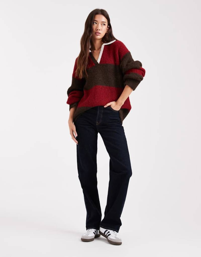 4th & Reckless - Oversize-Rugby-Strickpullover aus Wollmix in Kirschrot und Schokobraun gestreift-Bunt von 4th & Reckless