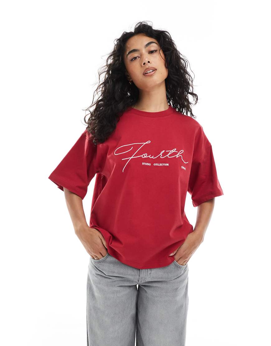 4th & Reckless - Oversize-T-Shirt in Rot mit gesticktem Logo 4th & Reckless - Oversize-T-Shirt in Rot mit gesticktem Logo von 4th & Reckless