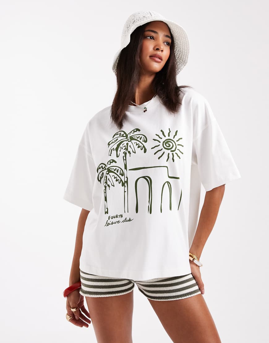 4th & Reckless - Oversize-T-Shirt in Wollweiß mit Palmen-Print von 4th & Reckless