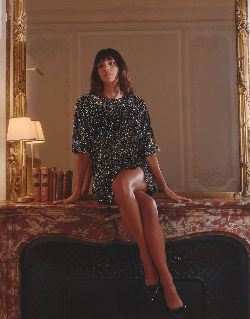 4th & Reckless - Pailletten-Minikleid in Schwarz mit Bindedetail aus Samt am Rücken von 4th & Reckless