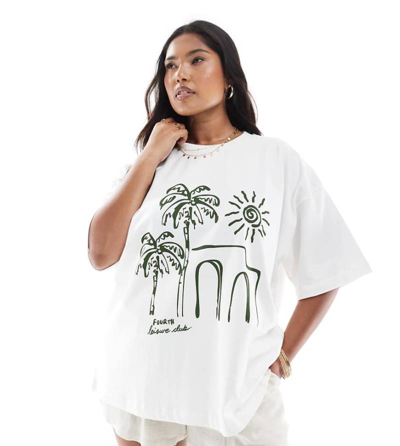 4th & Reckless Plus - Oversize-T-Shirt in Wollweiß mit Palmen-Print von 4th & Reckless
