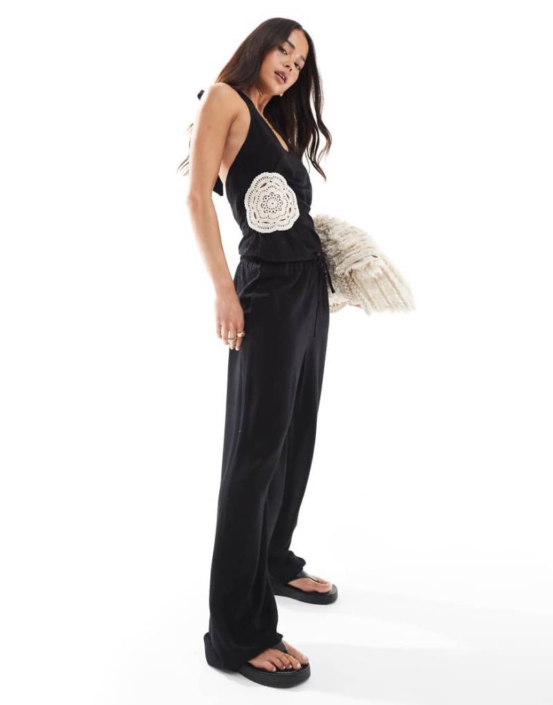 4th & Reckless - Strandhose in schwarzer Leinenoptik mit hohem Bund und weitem Bein, Kombiteil von 4th & Reckless