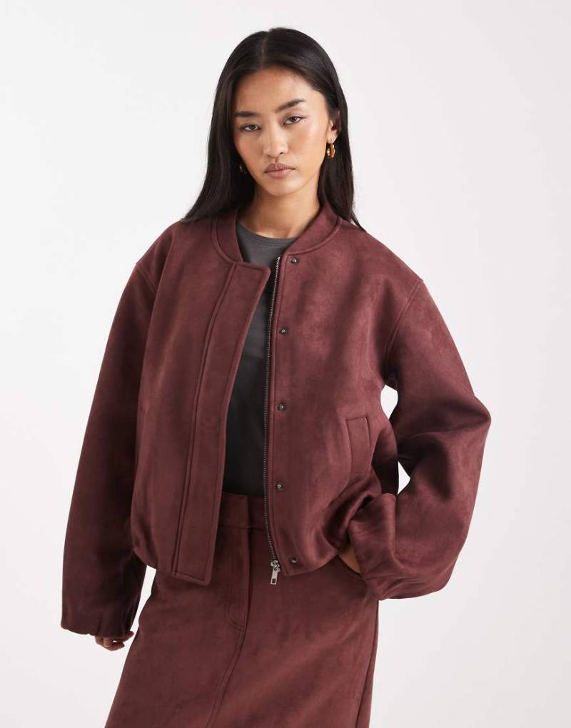 4th & Reckless - Superweiche Bomberjacke aus Wildlederimitat in Burgunderrot mit Reißverschluss, Kombiteil von 4th & Reckless