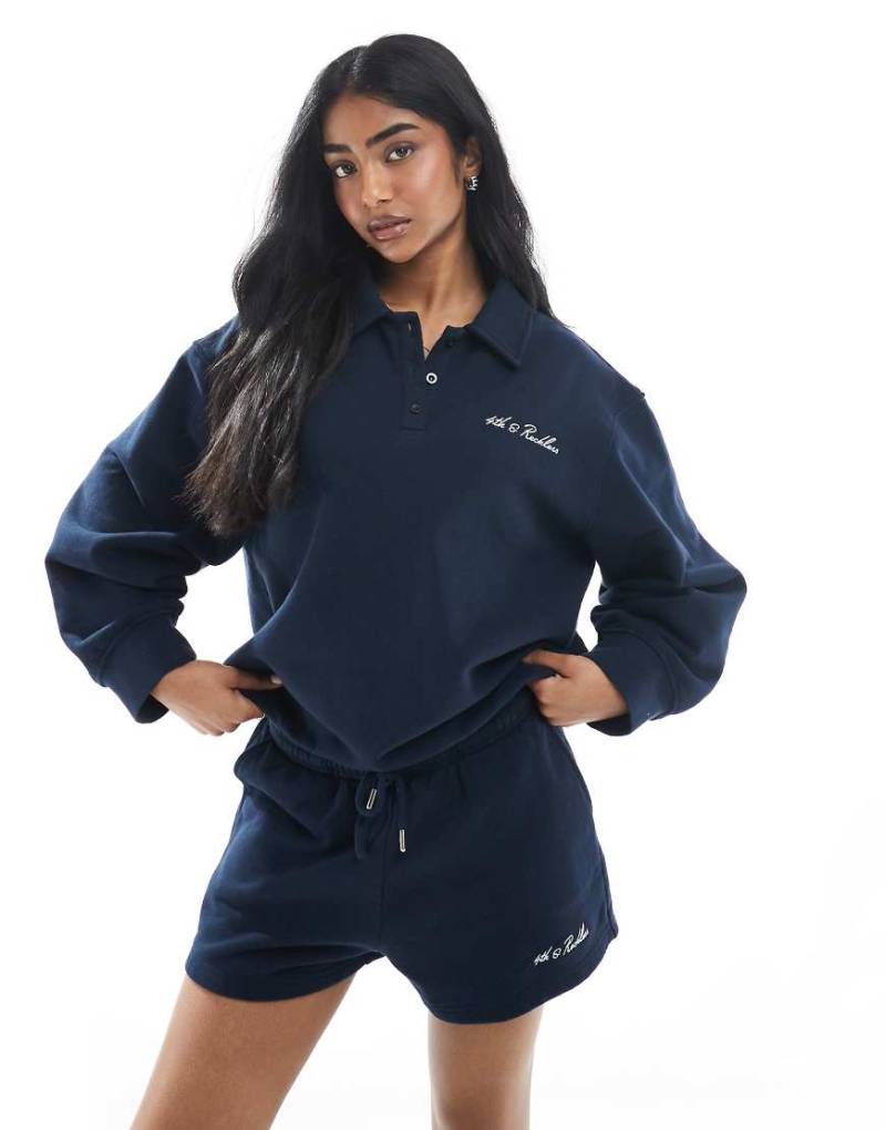 4th & Reckless - Sweatshirt aus Baumwolle in Marineblau mit Loopback-Kragendetail und Logo-Stickerei, Kombiteil von 4th & Reckless
