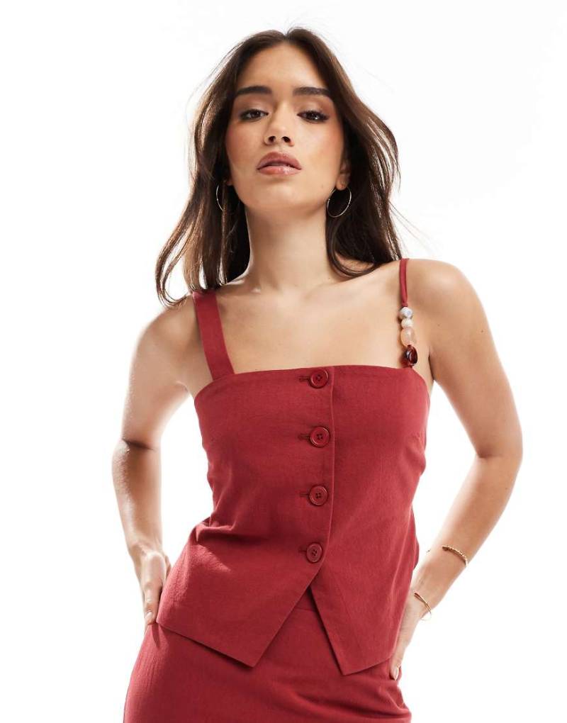 4th & Reckless - Trägerlose Weste in rostroter Leinenoptik mit Perlendetail und geschlitzter Vorderseite, Kombiteil von 4th & Reckless