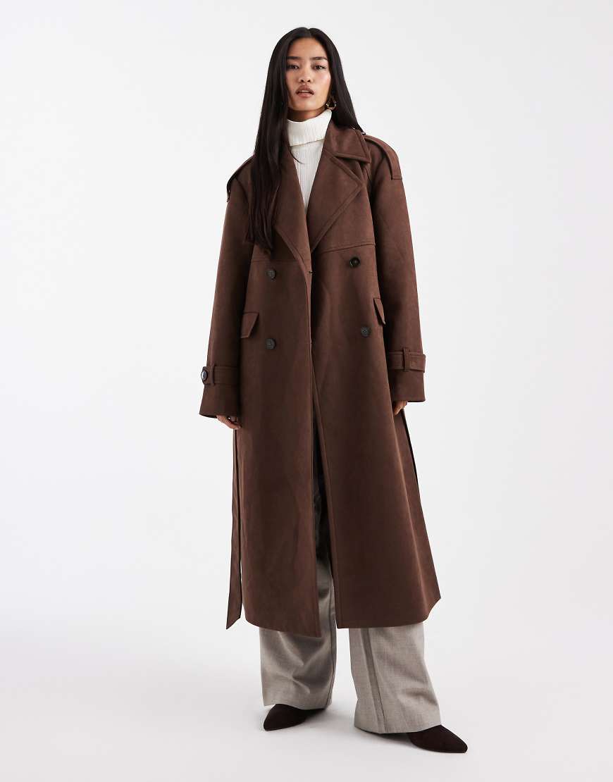 4th & Reckless - Zweireihiger Midi-Trenchcoat aus Wildlederimitat in Braun mit Gürtel-Brown von 4th & Reckless