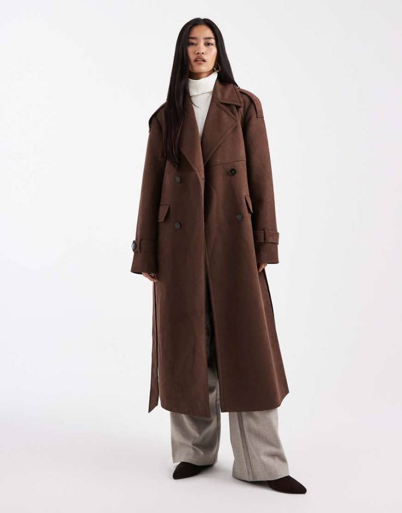 4th & Reckless - Zweireihiger Midi-Trenchcoat aus Wildlederimitat in Braun mit Gürtel-Brown von 4th & Reckless