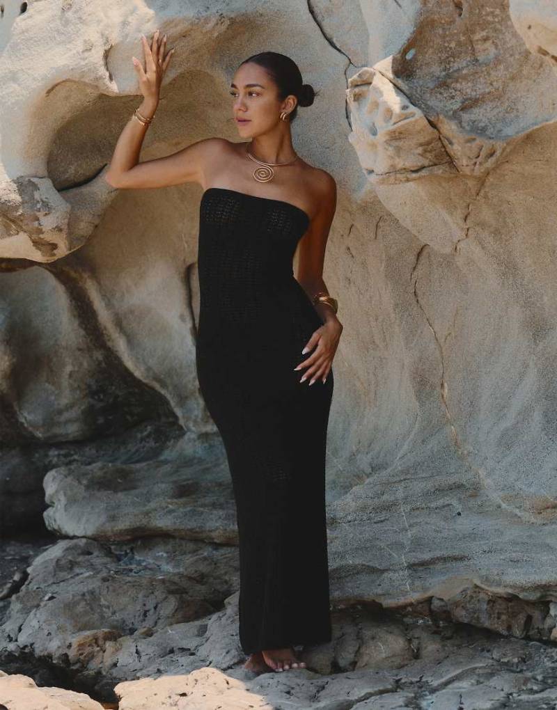 4th & Reckless x Luana Barron - Emily - Trägerloses, gehäkeltes Maxi-Strandkleid in Schwarz von 4th & Reckless