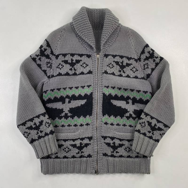 Vintage Hand Stricken 100% Wolle Cowichan Siwash Pullover Jacke Grün Grau Thunderbird 1875 von 4thQuarterVintage
