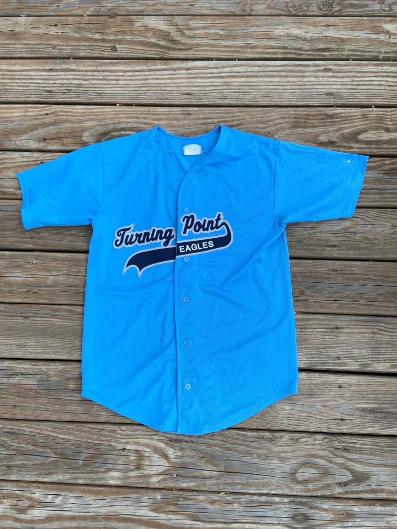 Vintage Teamwork Athletic Apparel Großer Himmelblauer Jersey. Turning Point Adler 100 % Polyester Button Up. Kurzarm. Hergestellt in Den Usa von 4x4Thrifter