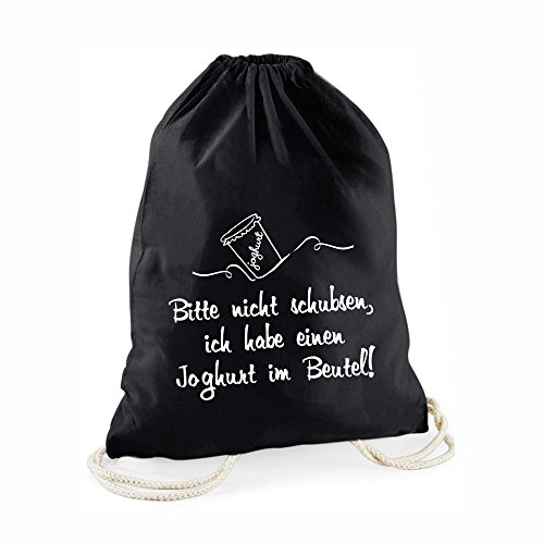 4you Design Schwarzer - Statement-Turnbeutel Bitte nicht schubsen, ich habe einen Joghurt im Beutel! - Gym-Bag Rucksack Hipster Beutel mit Spruch Tasche Jutebeutel Gymsac Sportbeutel von 4you Design