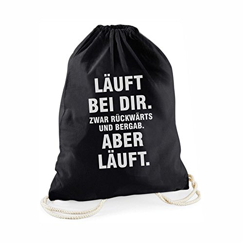 4you Design Statement-Turnbeutel Läuft bei dir. Zwar rückwärts und bergab. Aber läuft. - Gym-Bag Rucksack Hipster Beutel mit Spruch Tasche Jutebeutel Gymsac Sportbeutel von 4you Design