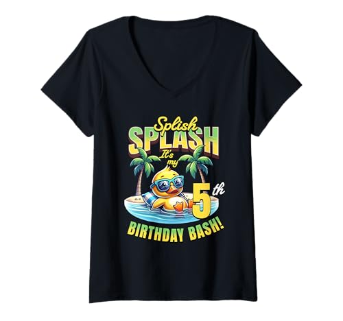 Damen Splish Splash 5. Geburtstag Bash Duck Beach Pool Party Kinder T-Shirt mit V-Ausschnitt von 5 Years Old Duck Themed 5th Birthday Summer