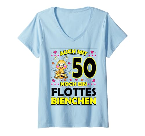 Damen 50 Jahre Fleet Bee 50. Geburtstag 50. Ehrentag T-Shirt mit V-Ausschnitt von 50 Geburtstag Frauen Geschenk lustig Biene Imker