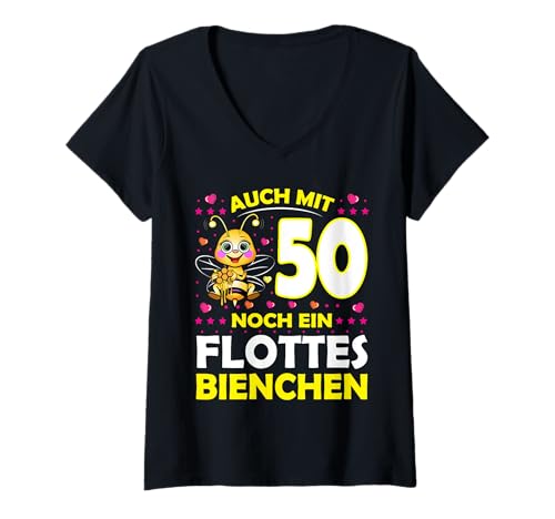 Damen 50 Jahre Fleet Bee 50. Geburtstag 50. Ehrentag T-Shirt mit V-Ausschnitt von 50 Geburtstag Frauen Geschenk lustig Biene Imker