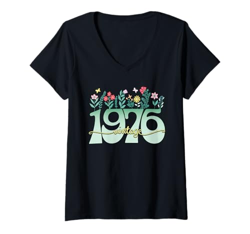 Damen Vintage 50 Jahre Jahrgang 1976 Blumen Geburtstag Frauen T-Shirt mit V-Ausschnitt Damen Vintage 50 Jahre Jahrgang 1976 Blumen Geburtstag Frauen T-Shirt mit V-Ausschnitt von 50 Jahre Frau Geburtstag Jahrgang 1976 Ideen